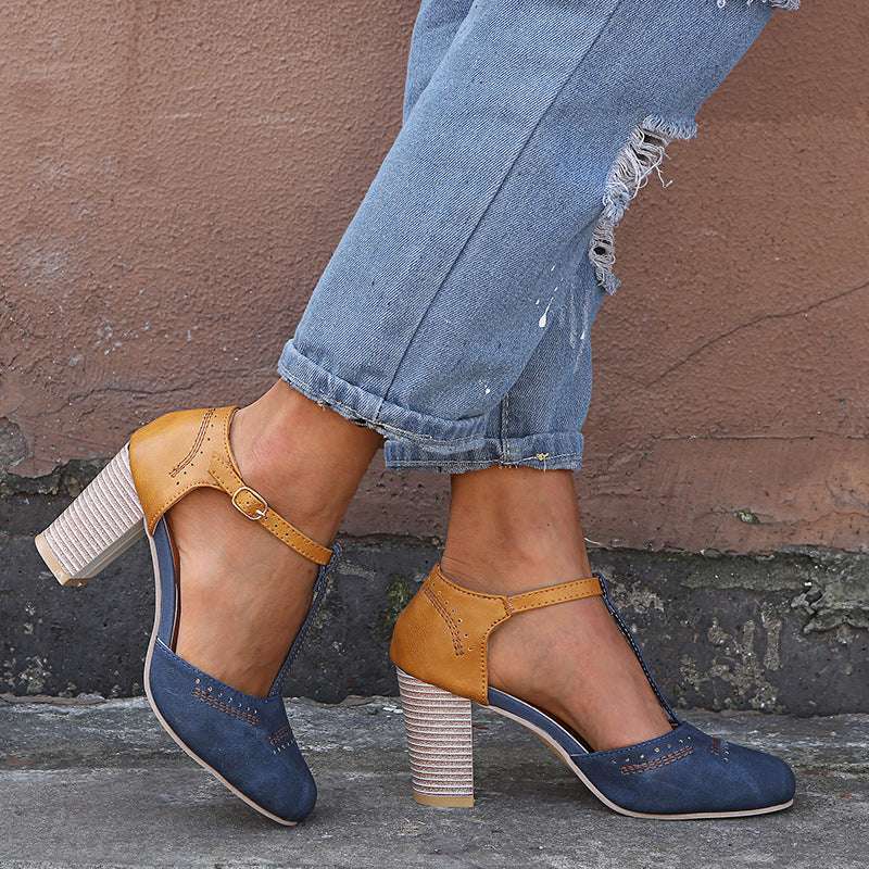 Vintage round head color matching T-strap sandals
