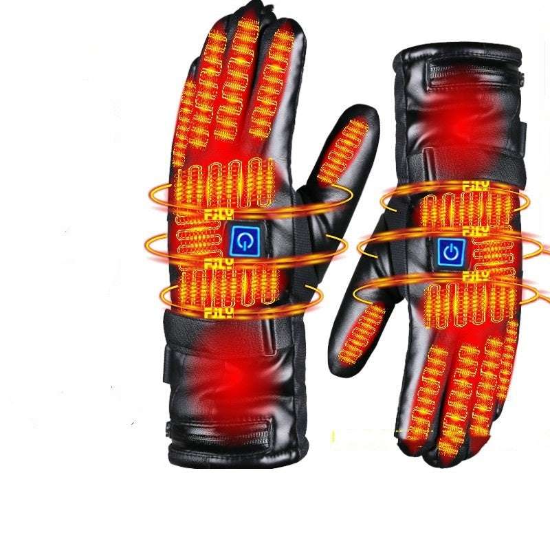Heated motorcycle gloves with red and orange heating lines across fingers and palm