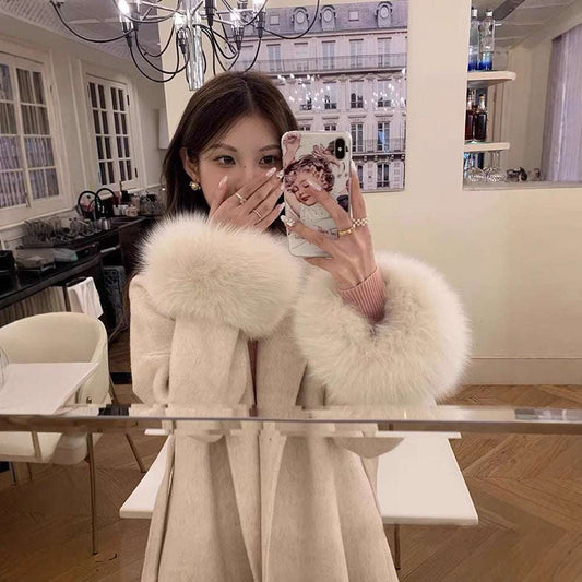 Elegant Double-Sided Cashmere Coat - Detachable Fox Fur Cuff Cuff Detachable Fox Fur Elegant Double-s | Ectron Online