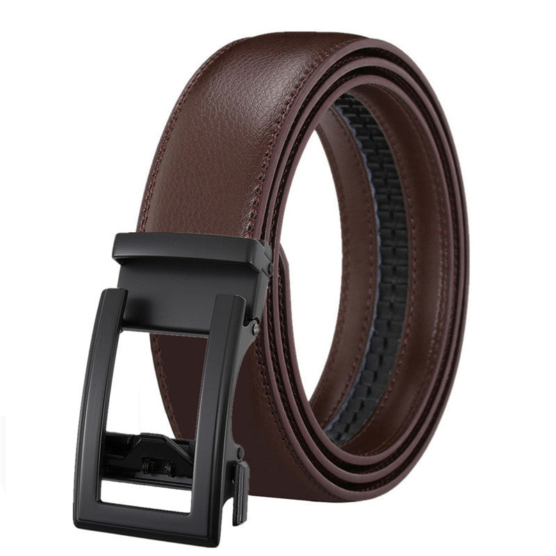 Men's Leather Belt Automatic Buckle Two-layer Cowhide Hollow in rich brown color with sleek black automatic buckle.