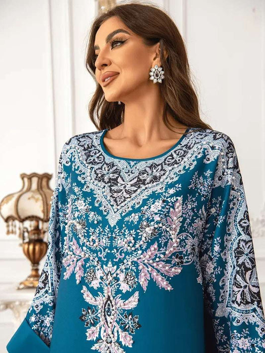 Printed Long Kaftan Dress - Long Sleeved, Round Neck With Bead Embellishment