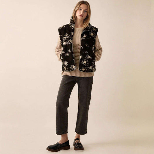 Fashion Polo Collar Flower Print Lamb Wool Vest