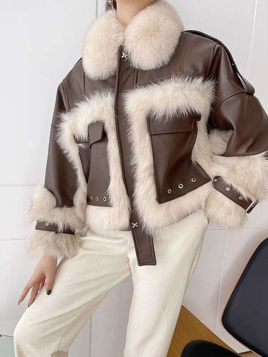 Sense Fox Fur Stitching Leather Coat - Chic Outerwear Sense Fox Fur Stitching Leather Coat | Ectron Online