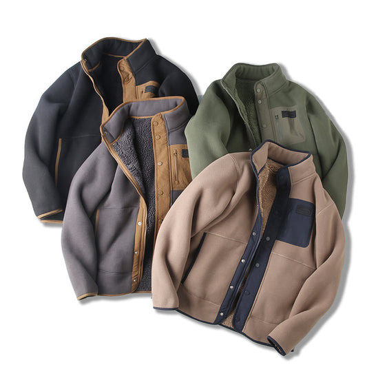 Three jackets in gray, green, and beige on a white background