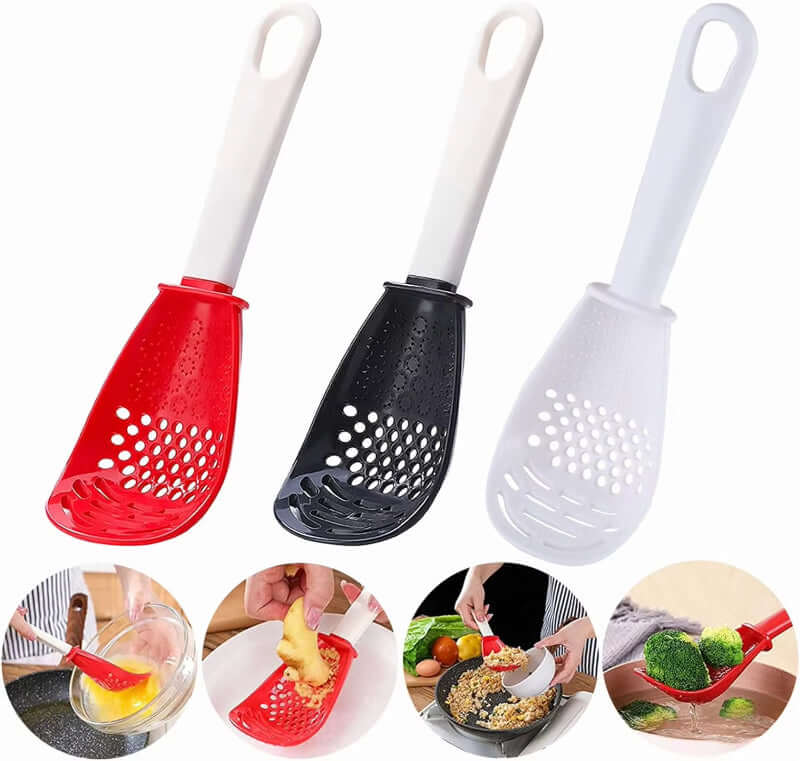 6-in-1 multifunctional cooking spoon set with perforated red, black, and white heads