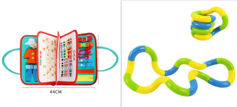 Colorful educational toy with text and graphics on the left, and a set of interlocking rings on the right.