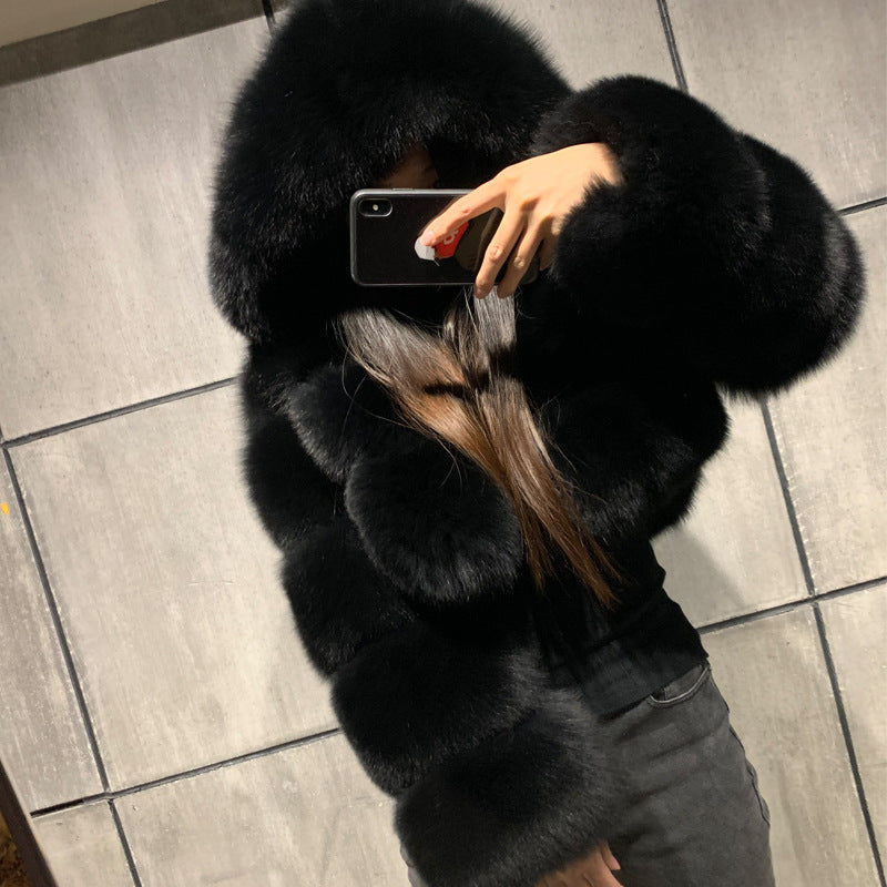 Black faux fur hooded short coat with wide collar and long sleeves, front zipper