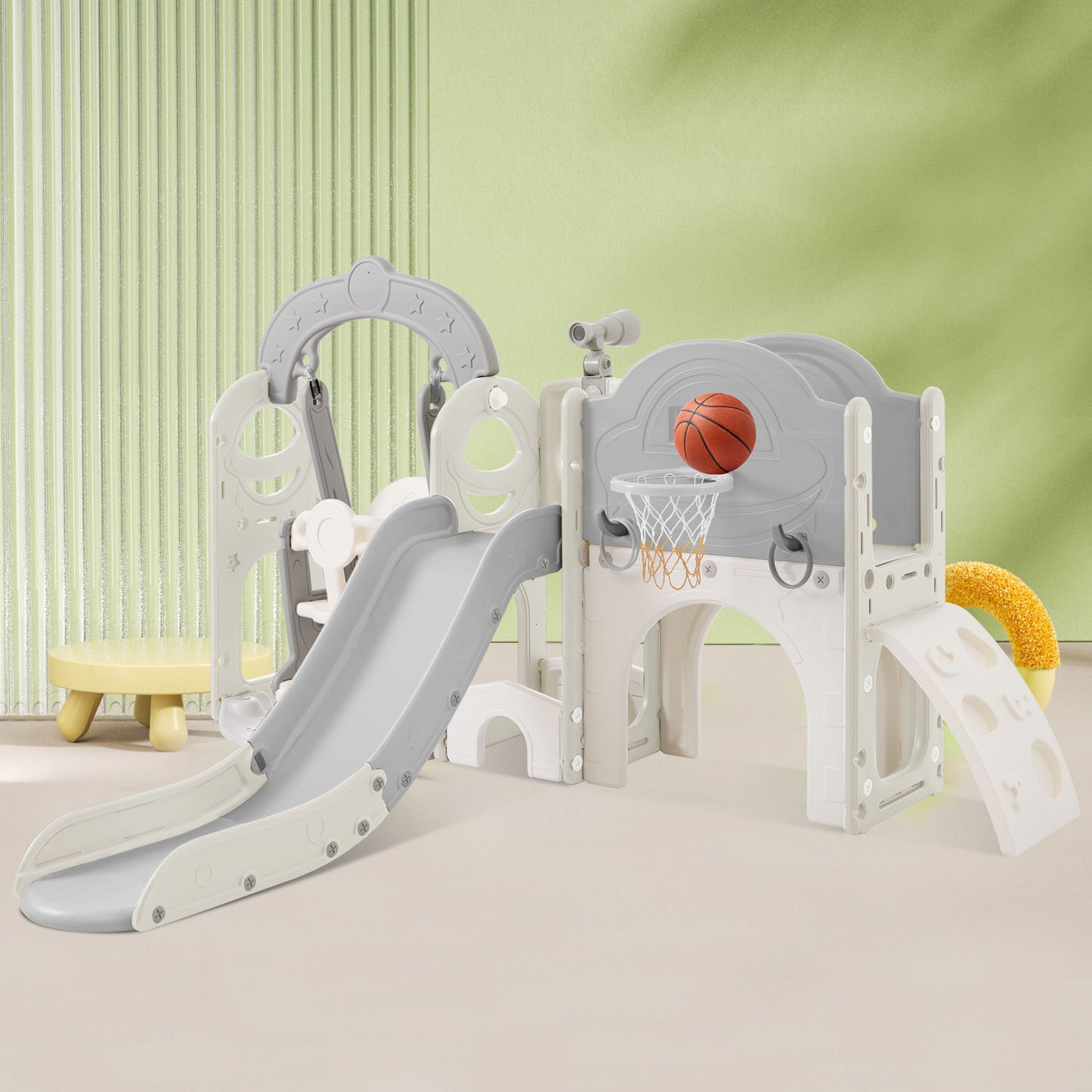 Toddler Slide and Swing Set 7 in 1, Kids Playground Climber Slide Playset with Basketball Hoop Freestanding Combination - Ectron Online