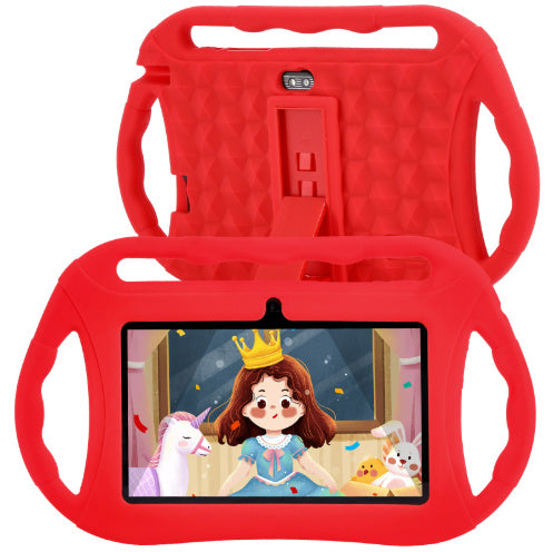 A pink 7 inch children's tablet pc with a cartoon image on the screen, shown from multiple angles including the back.