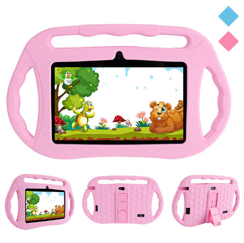 A pink 7 inch children's tablet pc with a cartoon image on the screen, shown from multiple angles including the back.