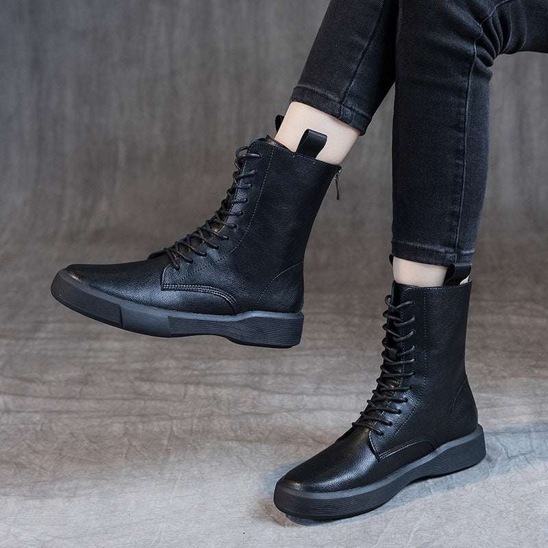 Flat Heel Retro Low Leather Boots Soft Bottom Lace Up Back Zipper