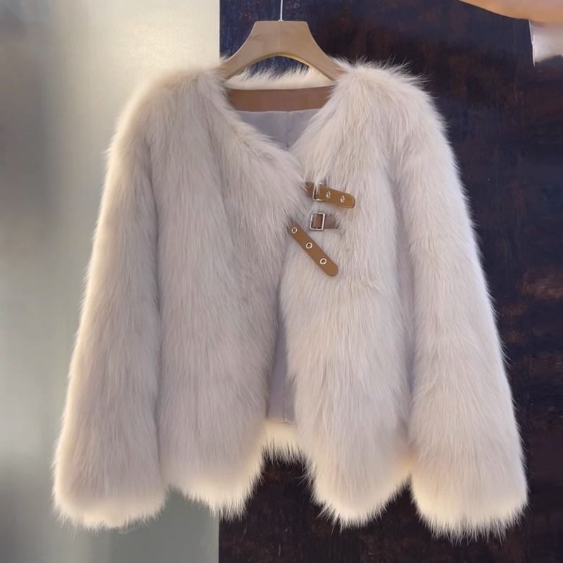 Faux fur short button top, light cream, open V neck, long sleeves