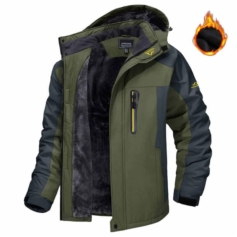 Men's fleece-lined hooded parka in olive green and dark gray, front zip, fleece lining.