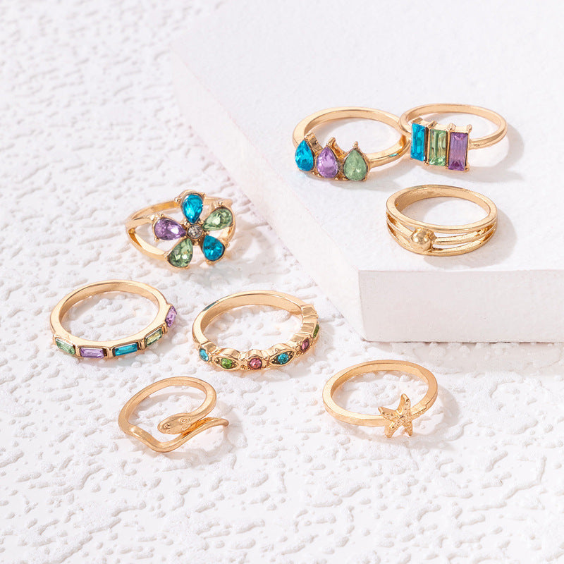 Colorful Crystals Flower Geometric Snake Shaped Scallop Eight-piece Set Ring