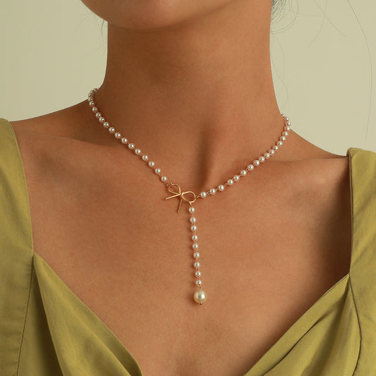 Women's Bow Pearl Tassel Pendant Necklace Simple All-match