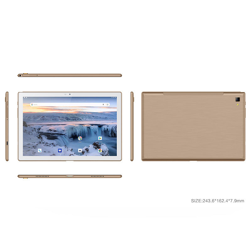 Gold tablet with stylus and cover on a white background