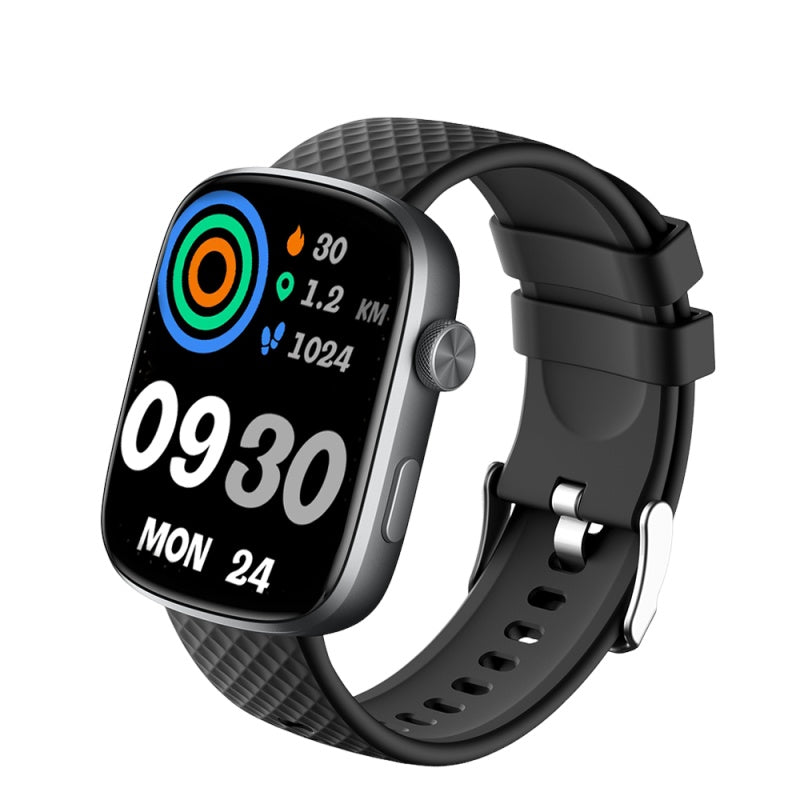 Black smartwatch front view with colorful dial and 09:30 date time on screen.