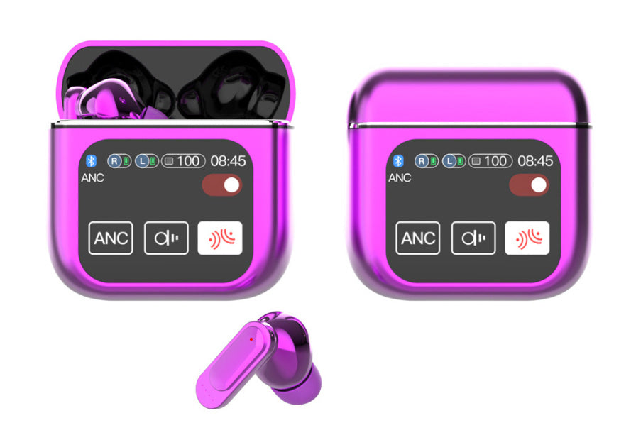 Purple wireless earbuds with charging case on a white background