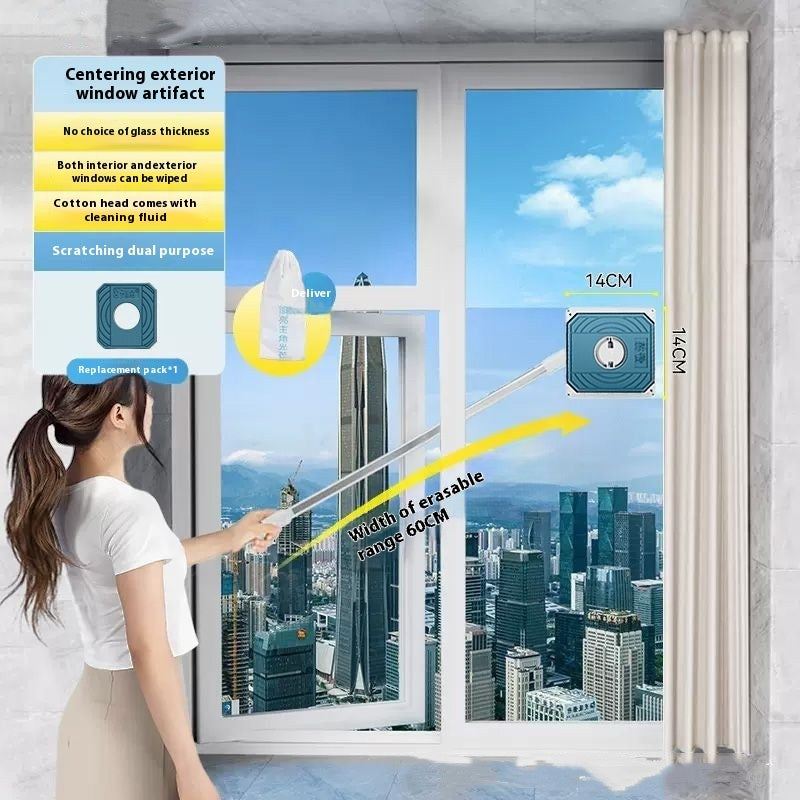 Person cleaning a window with a cleaning tool, showing product features and usage.