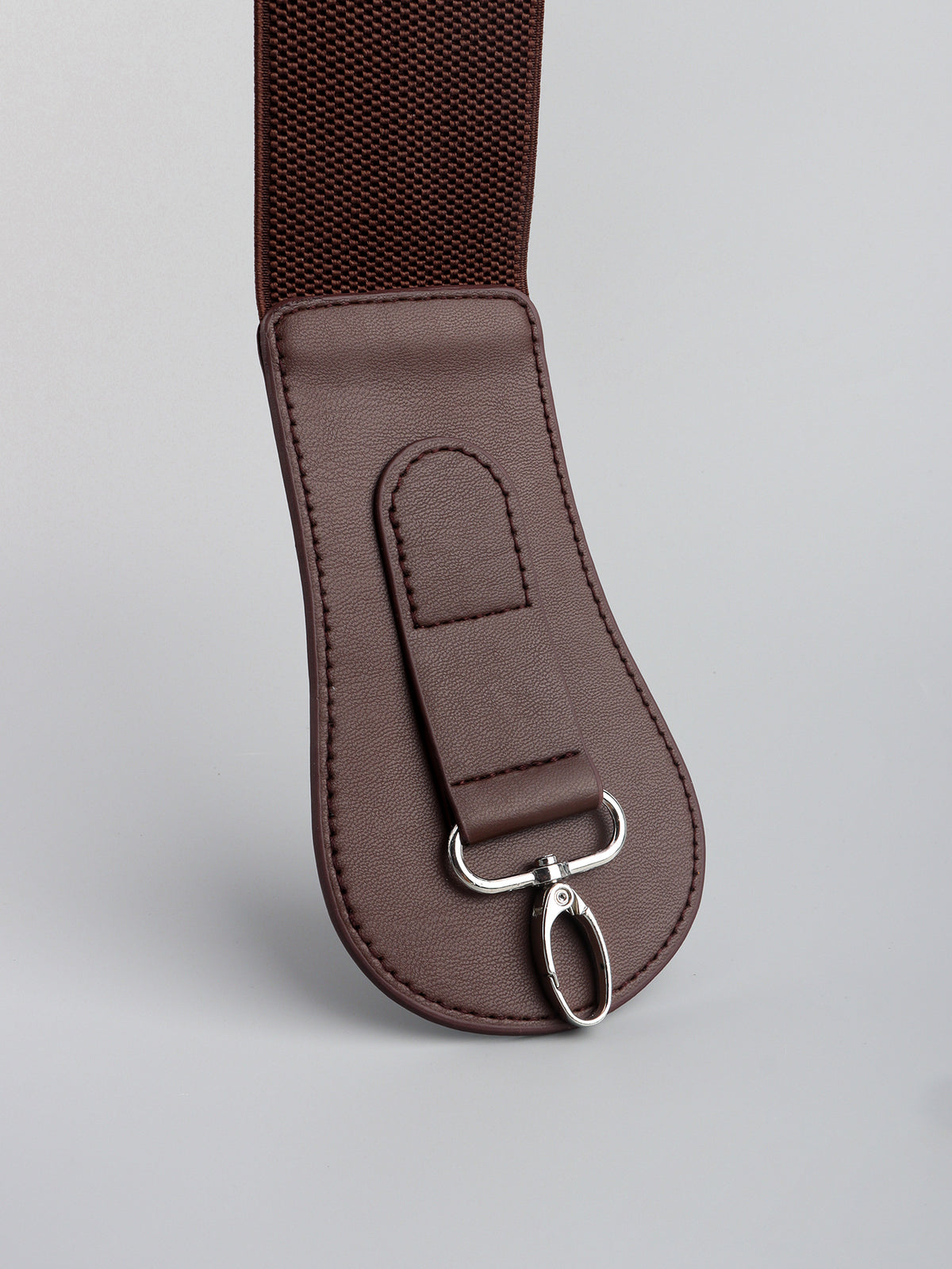 Wide PU elastic belt end in dark brown with metal hook and oval ring