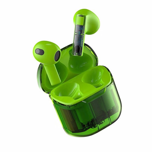 Green TWS earbuds case with three earbud pods and central charging dock