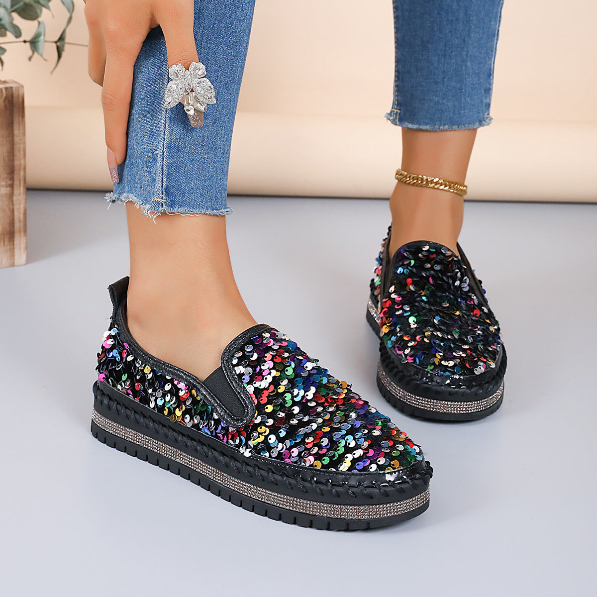 Round Toe Flat Bottom Color-blocking Sequin Oversized Shoes Round Toe Flat Bottom Color-blocking Seq | Ectron Online