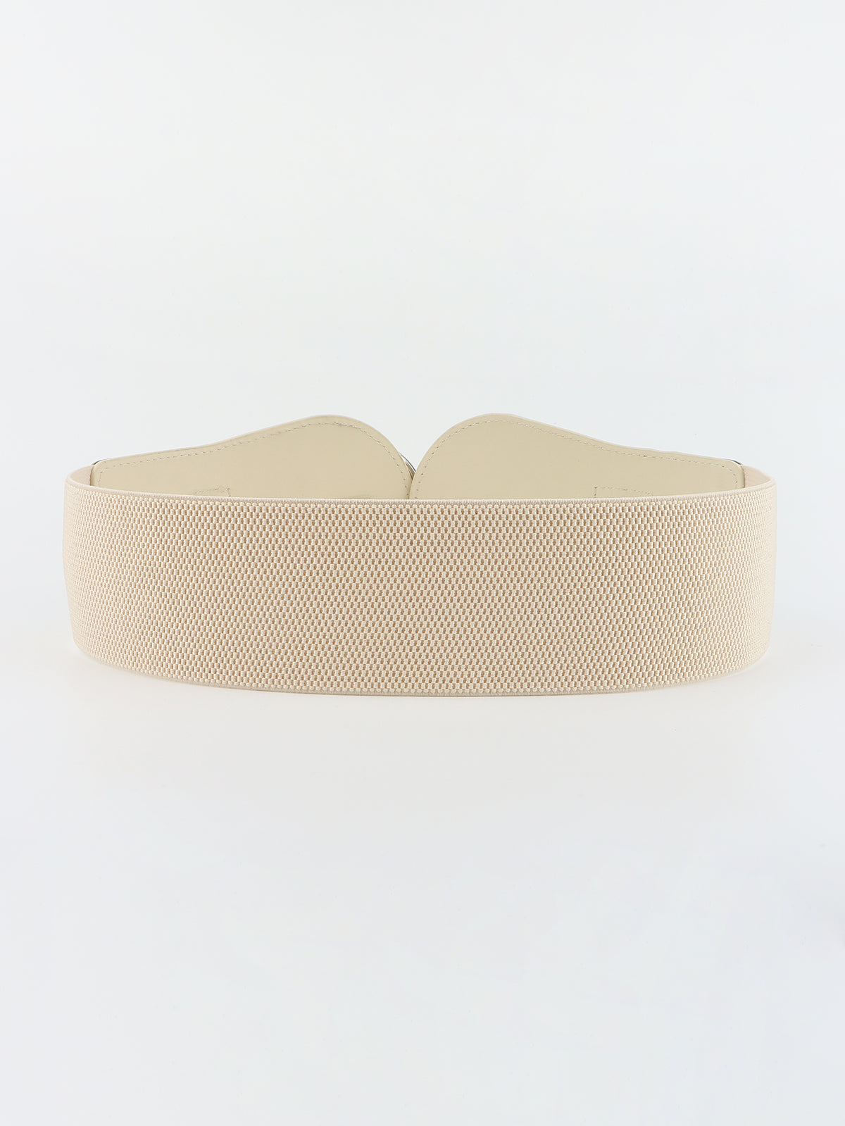 Beige PU elastic wide belt with textured fabric and curved strap edges