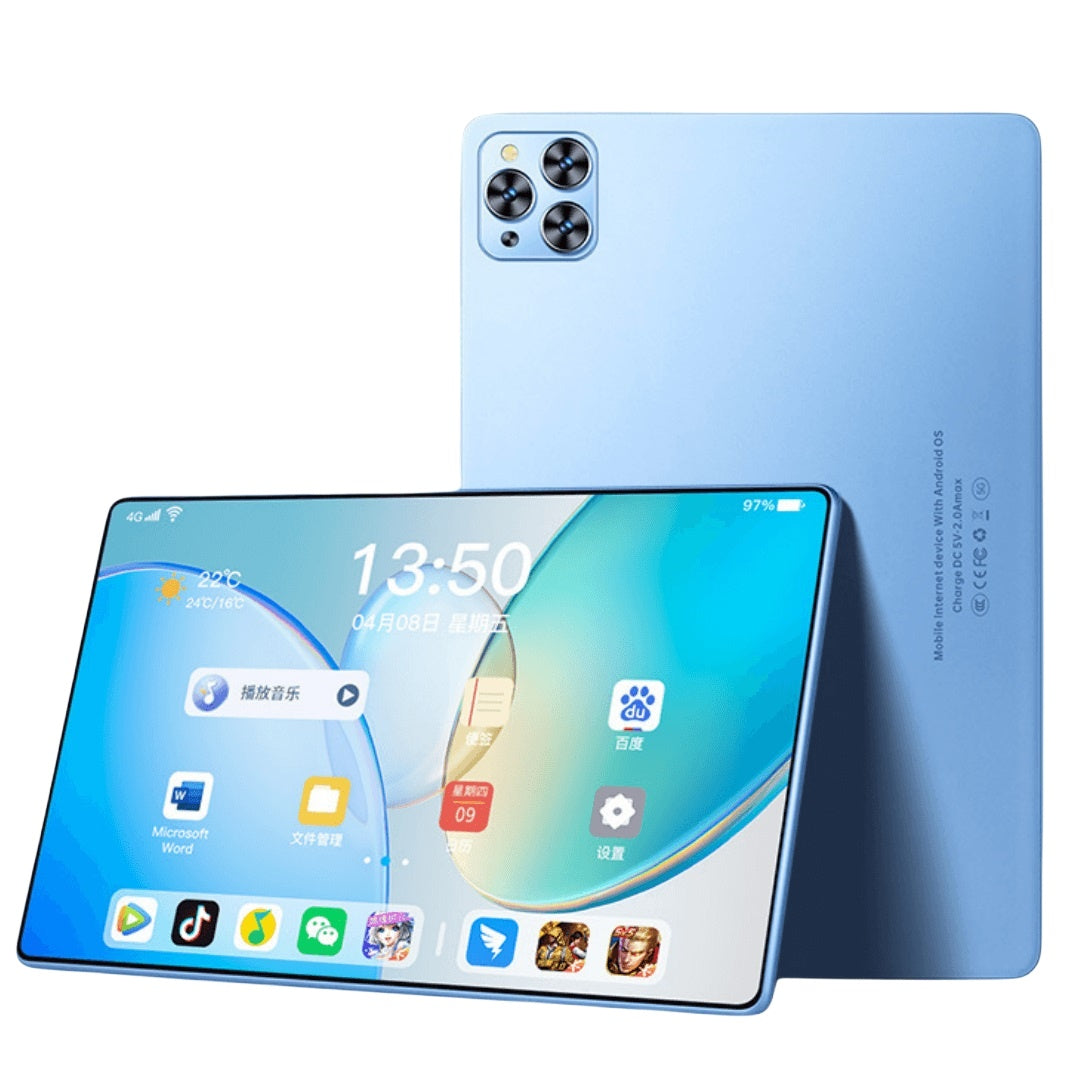 Smartphone with a blue back and screen displaying app icons on a white background