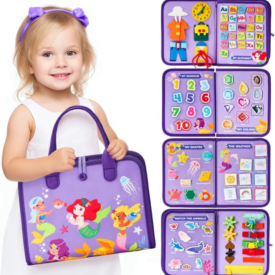 Child holding a purple educational toy bag with various educational panels.