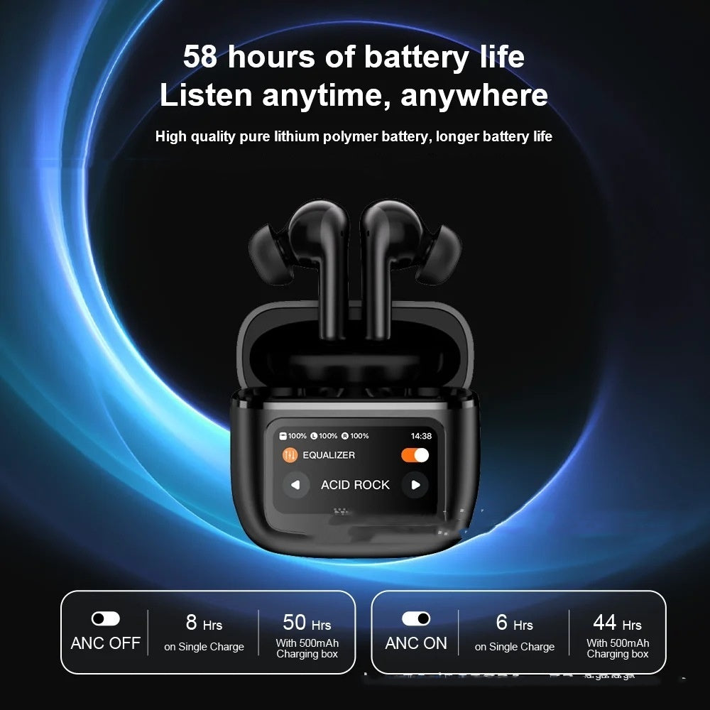 Black wireless earbuds with charging case on a dark background with text about battery life and features.