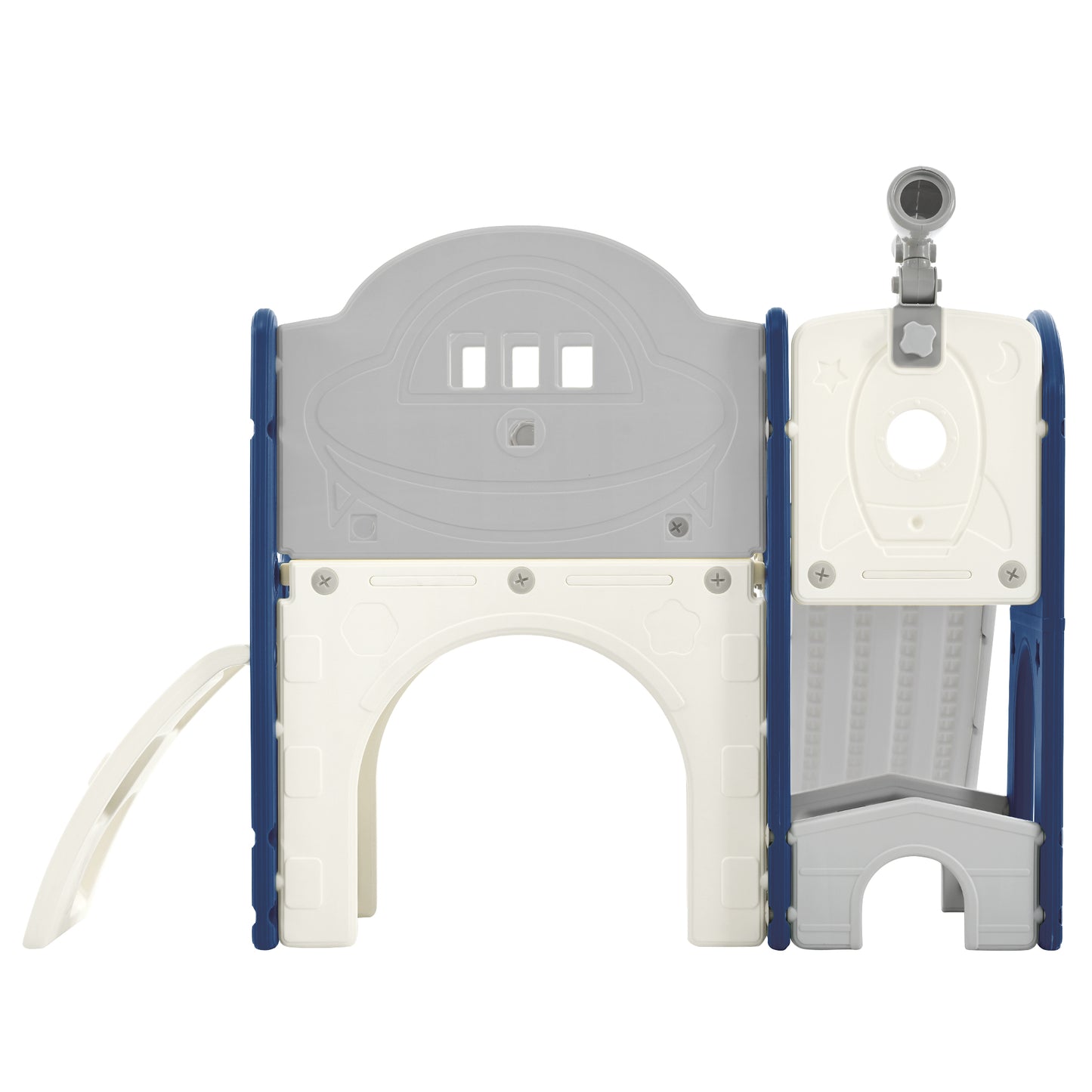Kids Slide Playset Structure 7 in 1, Freestanding Spaceship Set with Slide, Arch Tunnel Blue+Grey + HDPE - Ectron Online