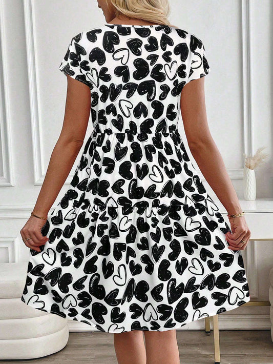 Women's Valentine's Day Heart Print Round Neck Short Sleeve Short Casual Dress