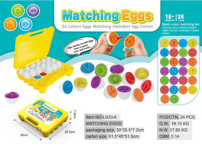 Matching Eggs educational toy set with colorful eggs and a yellow carrying case, packaging displayed.