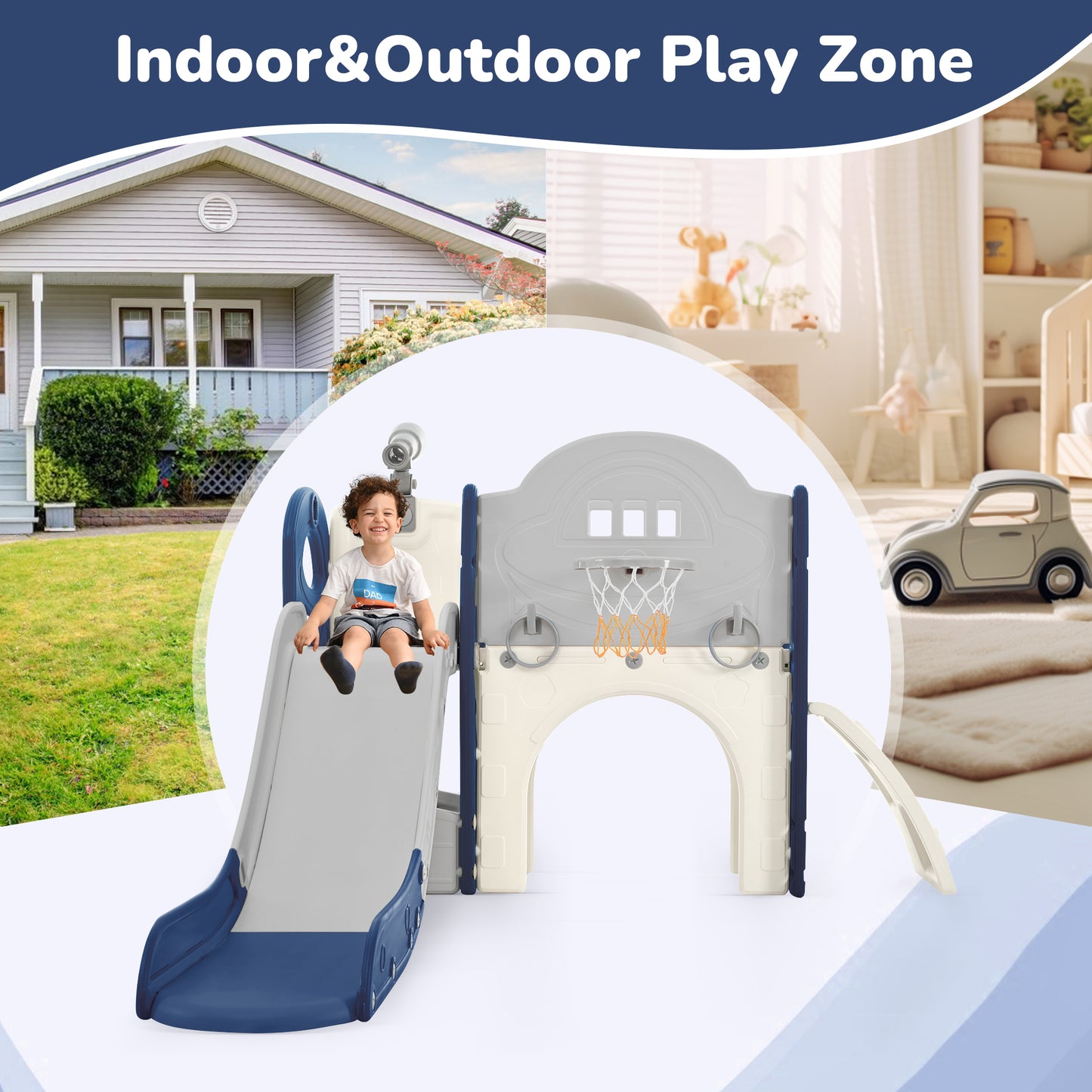 Kids Slide Playset Structure 7 in 1, Freestanding Spaceship Set with Slide, Arch Tunnel Blue+Grey + HDPE - Ectron Online
