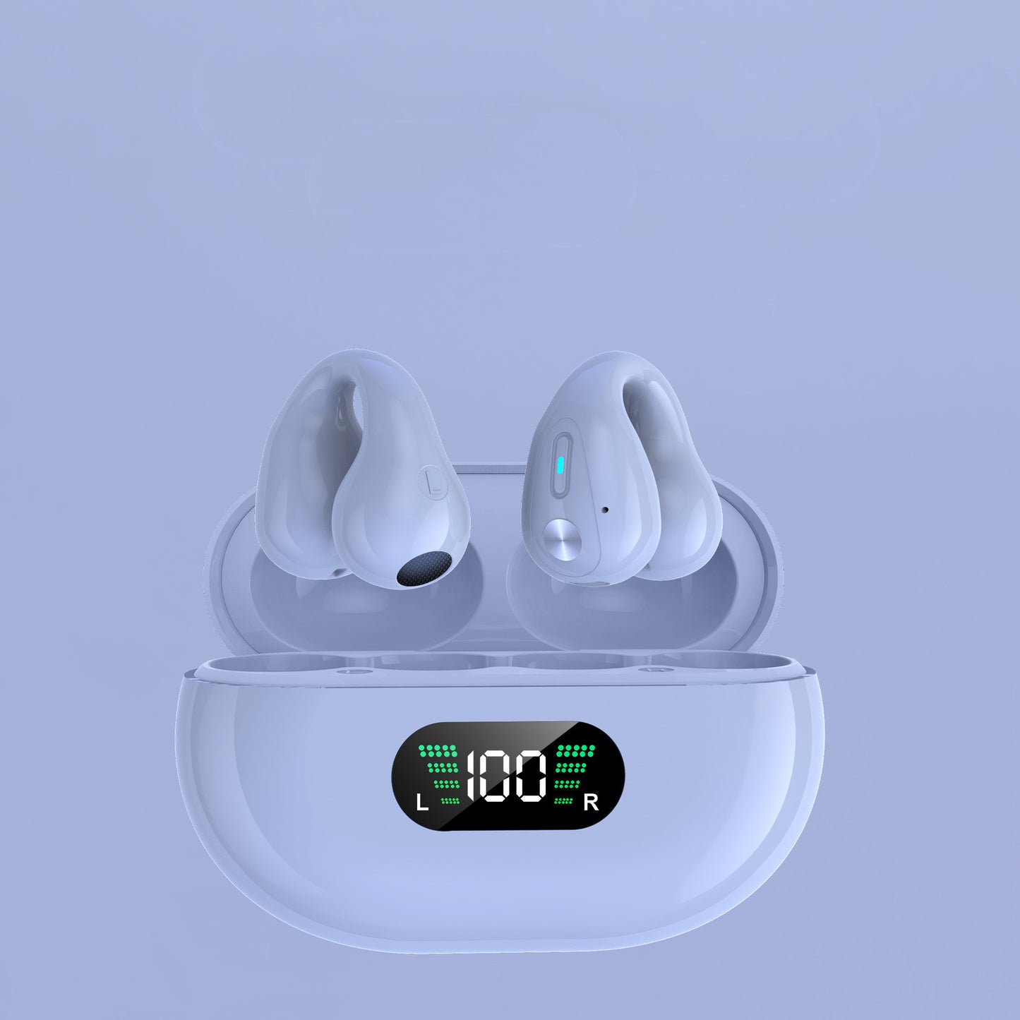 Wireless earbuds with charging case on a light purple background