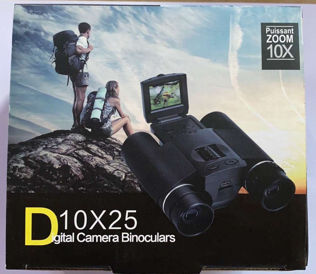 Digital camera binoculars with a person and backpack on a mountain, branded 'Puissant Zoom'.