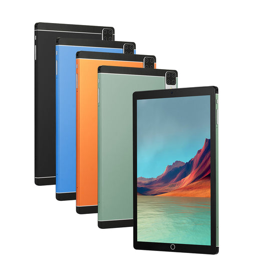 Four tablets in different colors with a mountain landscape on the screen.