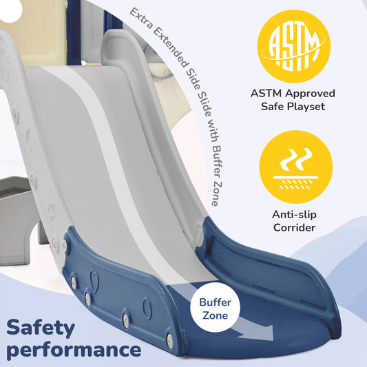 Kids Slide Playset Structure 7 in 1, Freestanding Spaceship Set with Slide, Arch Tunnel Blue+Grey + HDPE - Ectron Online