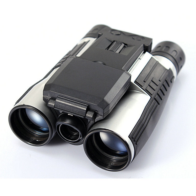 Black and silver binoculars on a white background