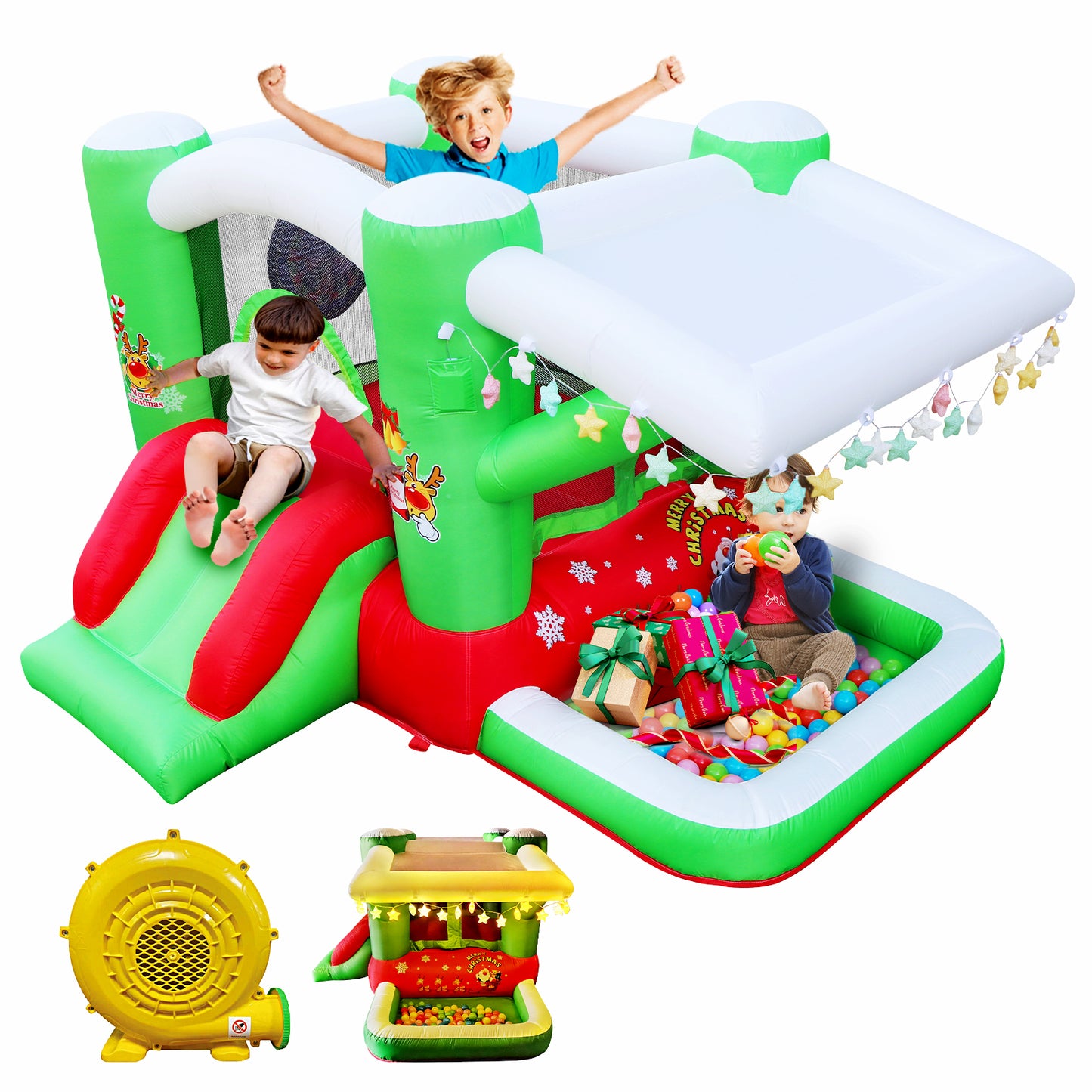 Christmas Jump 'n Slide Inflatable Bouncer for Kids Complete Setup with Blower - 80" x 91" Play Area - 55" Tall - Ectron Online