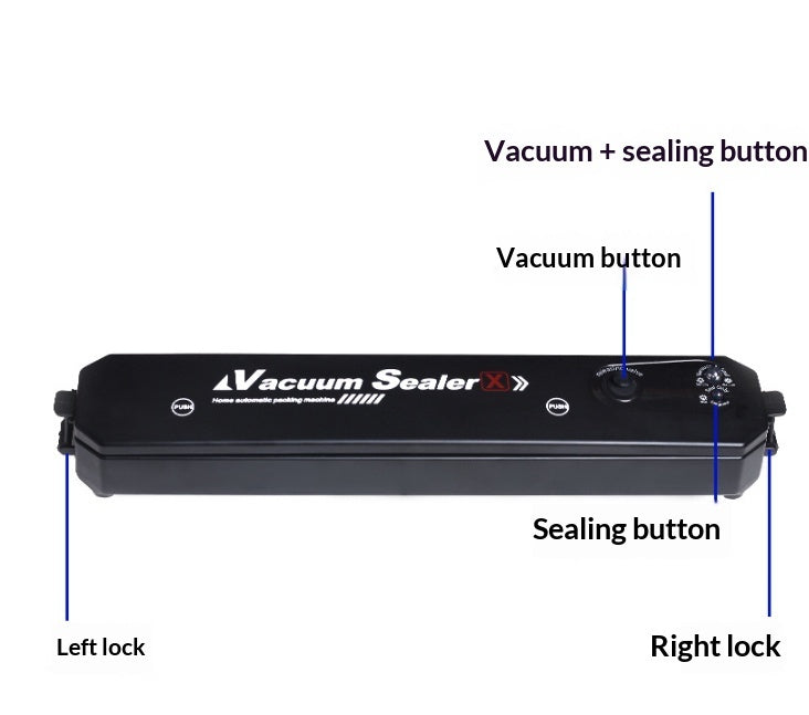 Black vacuum sealer showing vacuum button, sealing button, and lock indicators