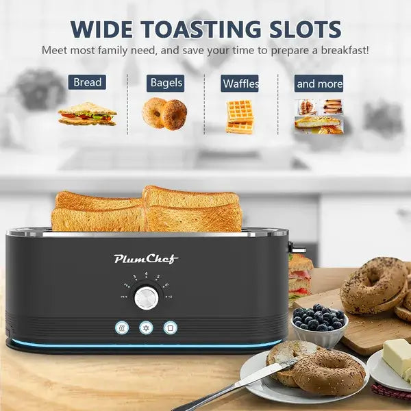Black 4-slice toaster with toast in slots; control dial and buttons on front