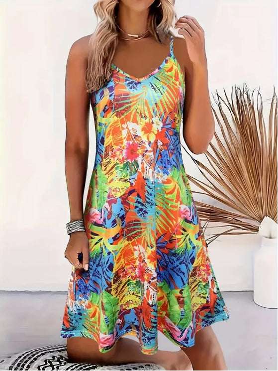 Women's Tropical Print V-Neck Cami Dress - Perfect For Spring Summer, Machine Washable
