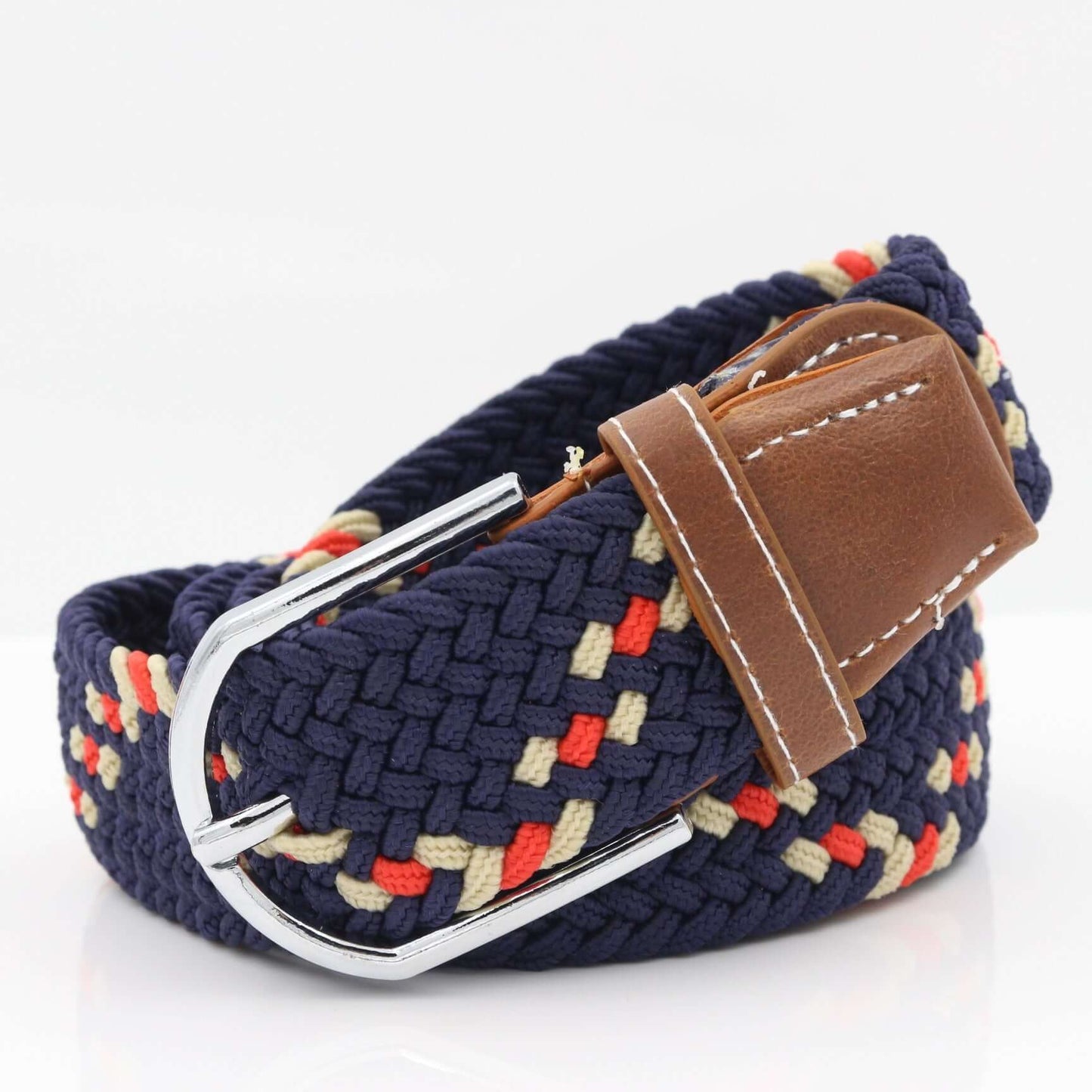 Simple Stretch And Breathable Canvas Woven Belt in navy blue with braided design and silver buckle.