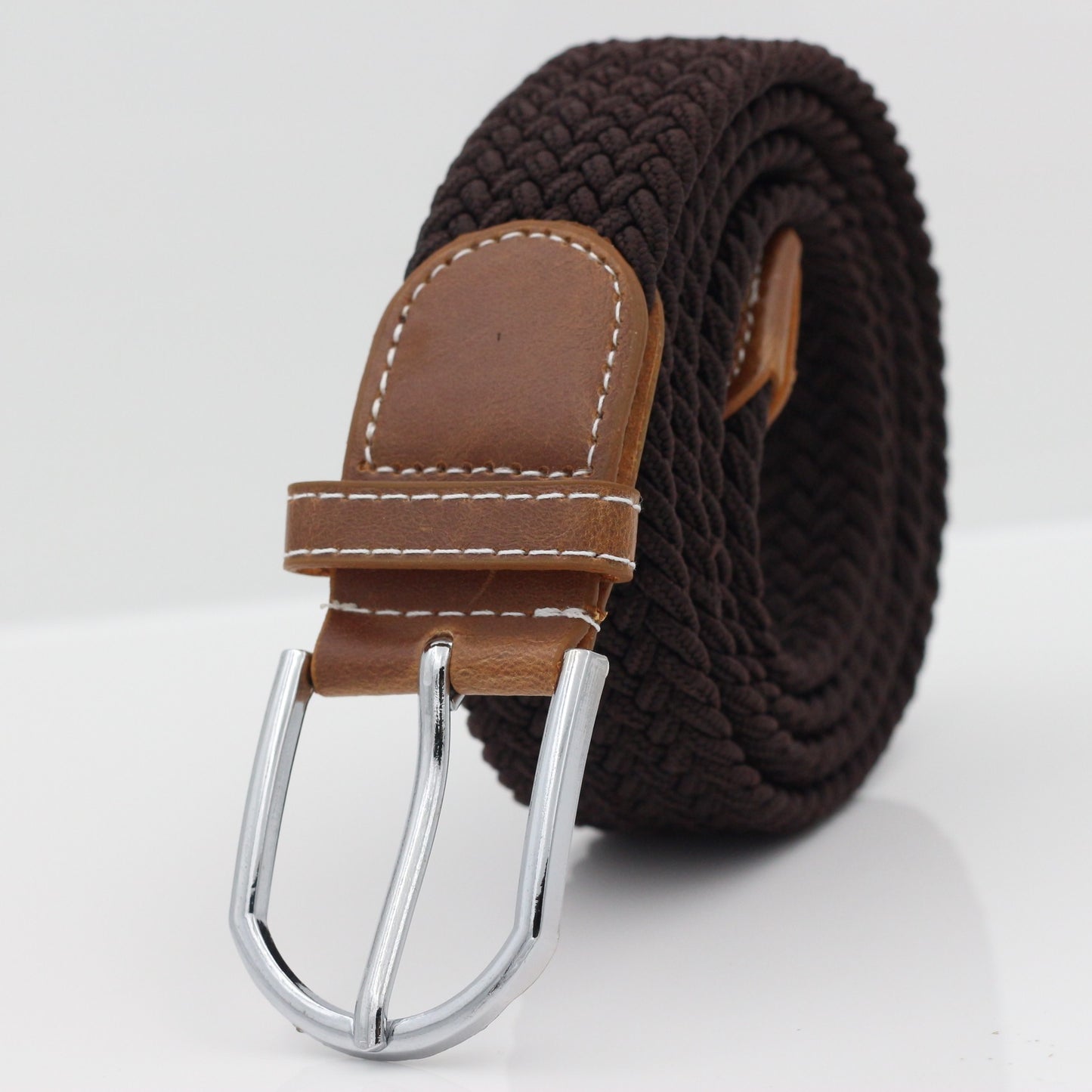 Simple Stretch And Breathable Canvas Woven Belt in brown with a stylish metal buckle.
