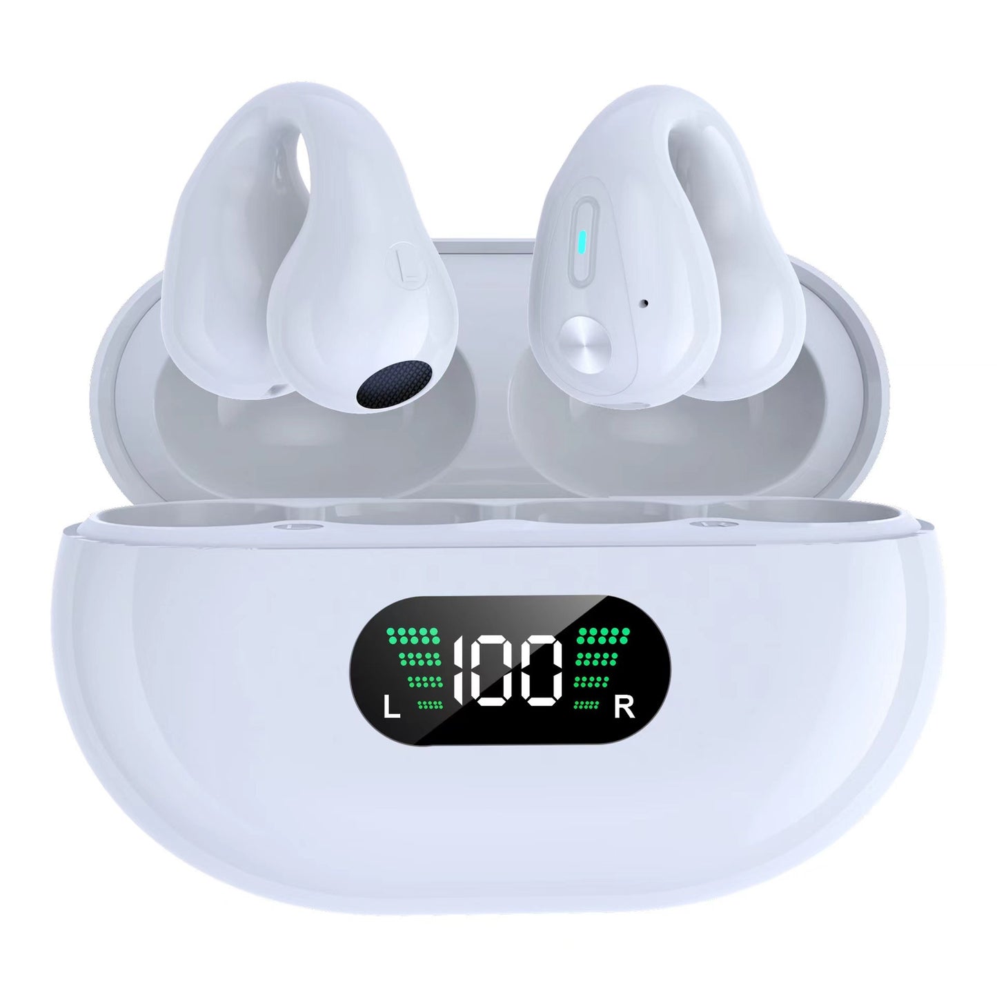 White wireless earbuds with charging case on a white background