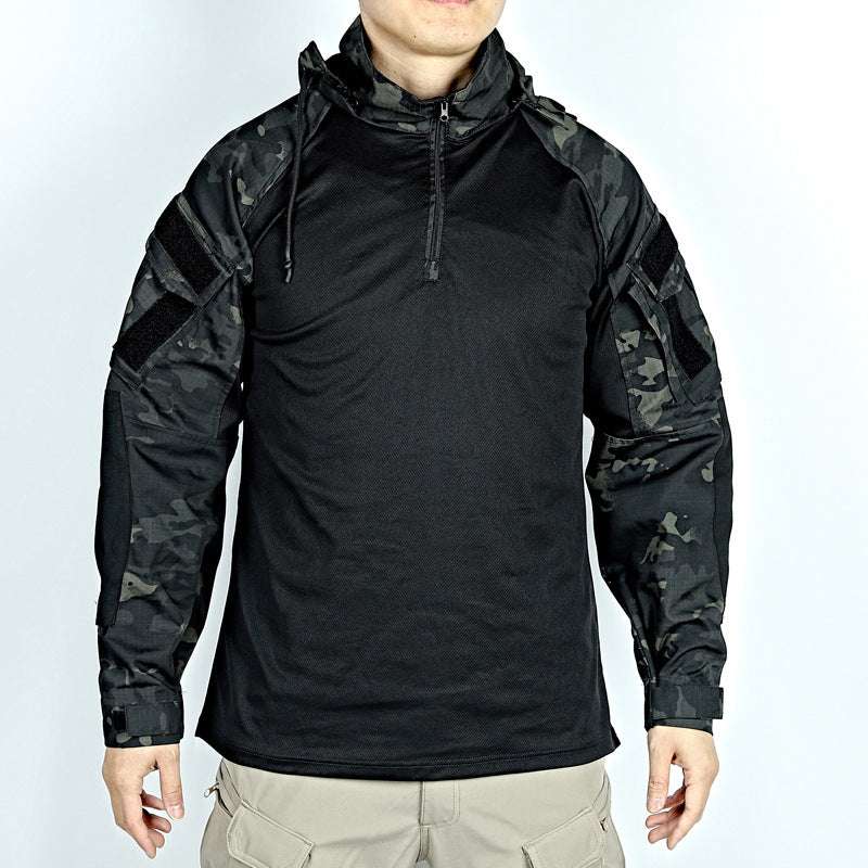 Black tactical shirt with camouflage sleeves on a white background