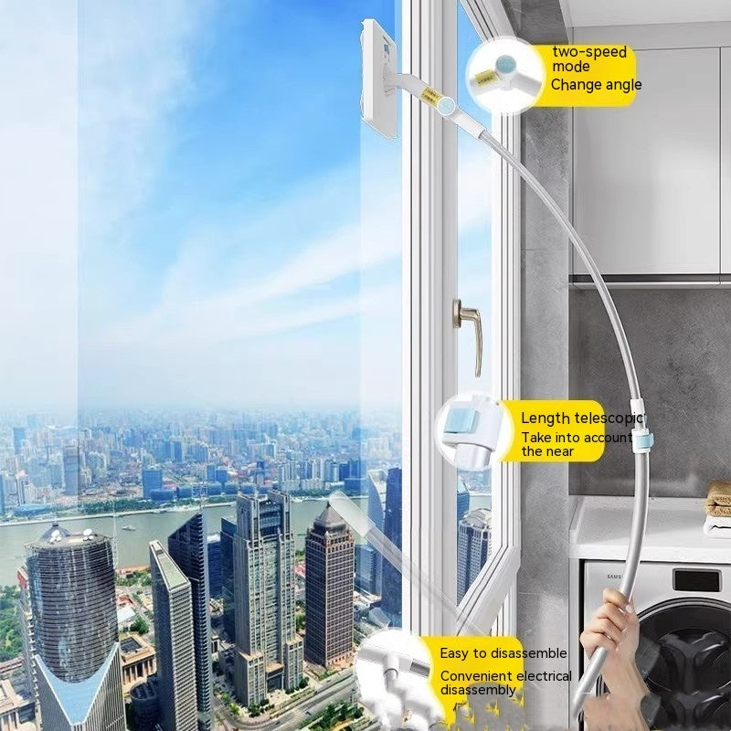 Window cleaning tool with telescopic arm and two-speed mode feature, cityscape in the background
