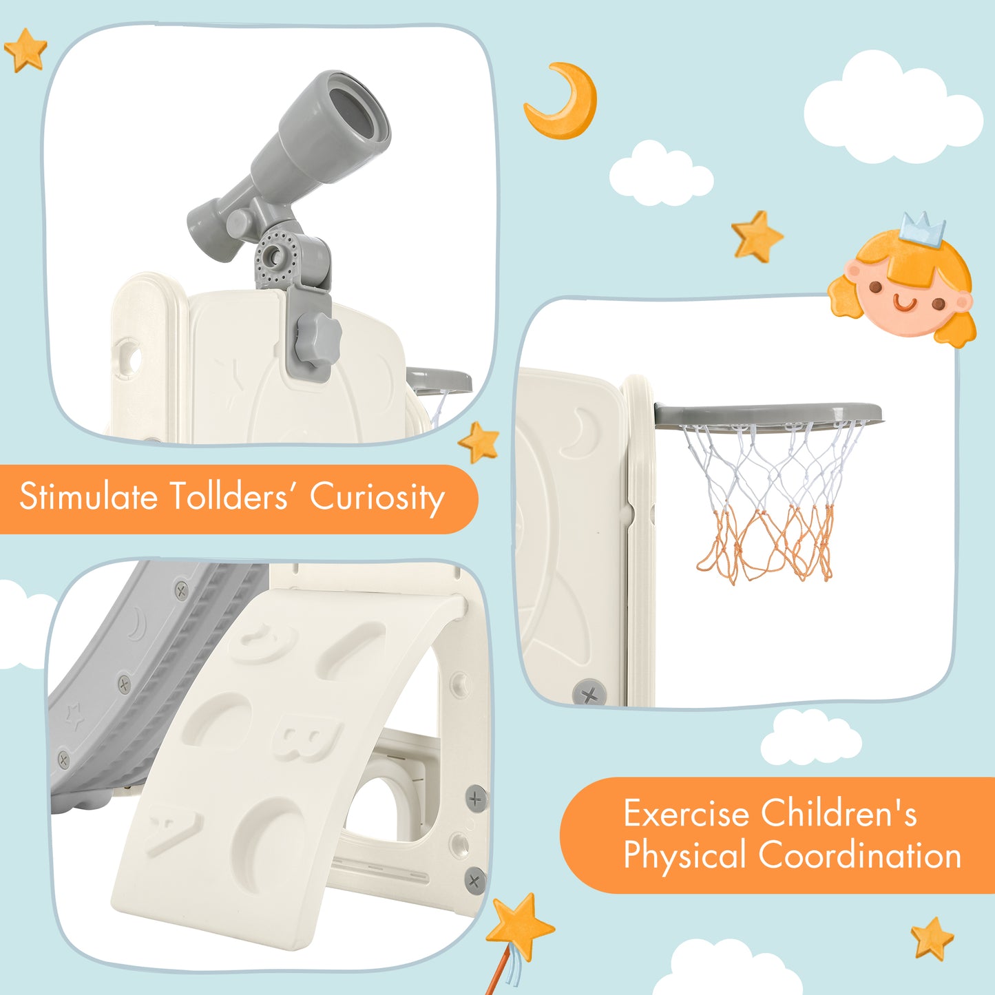Kids Slide Playset Structure 5 in 1, Freestanding Spaceship Set with Slide, Telescope and Basketball Hoop Grey+White + HDPE - Ectron Online