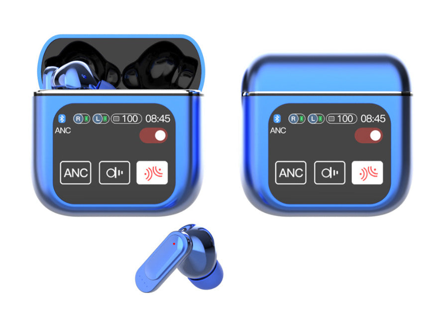 Blue wireless earbuds with charging case on a white background